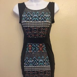 Hot Kiss Bodycon Dress Black and Colorful Patterned Panels